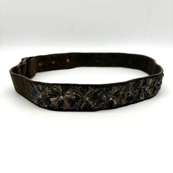 Vintage 00s Antik Batik Brown Genuine Leather Gold Sequins Rhinestone Belt 34\